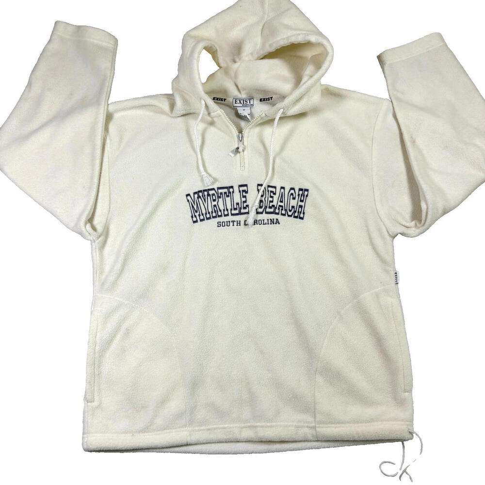 Exist Mens M White Myrtle Beach Fleece Hoodie 90s Y2K Pullover Zip Front
